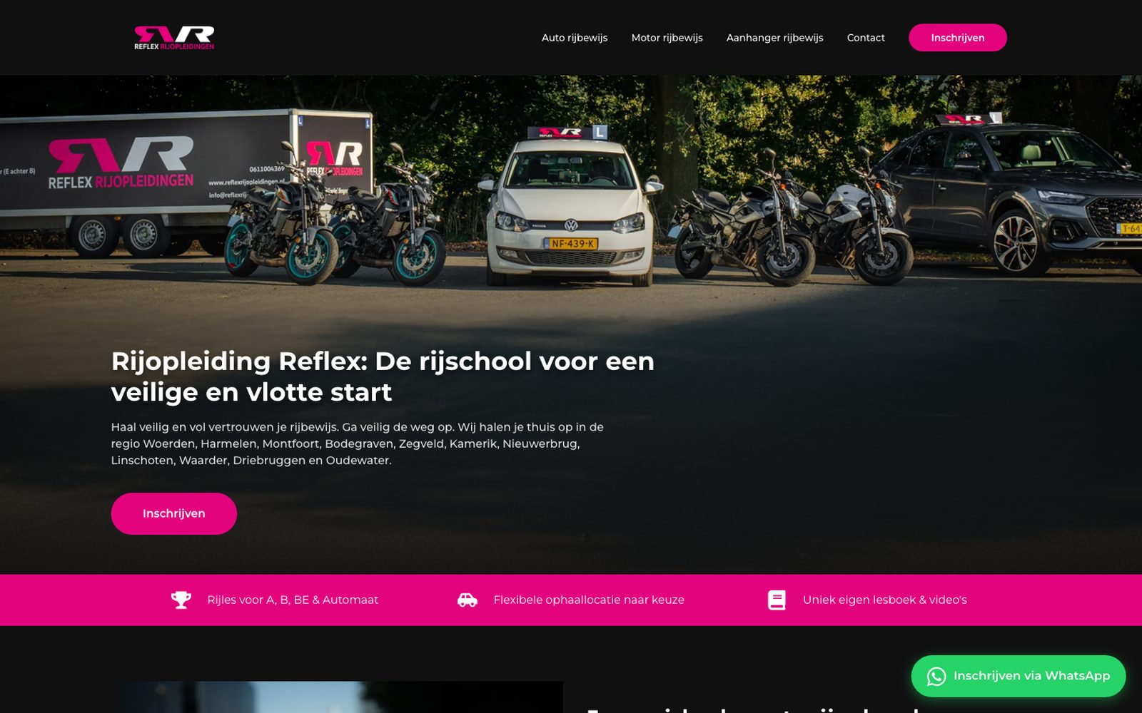 Homepage van de website van Reflex Rijopleidingen